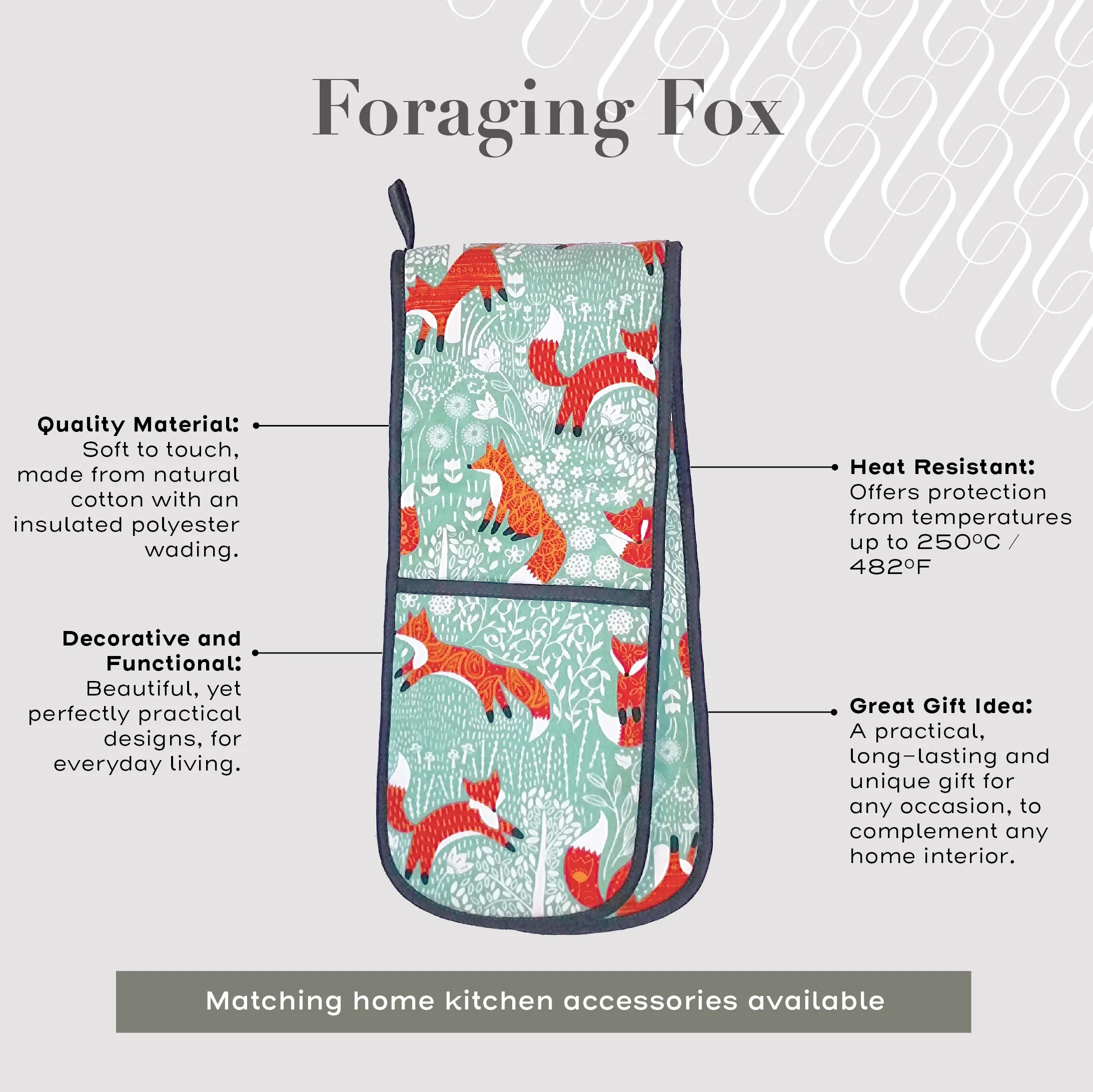 Ulster Weavers Double Oven Glove - Foraging Fox (100% Cotton Outer; 100% Polyester wadding; CE marked, Blue)
