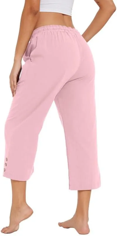 Womens Capris Pants High Waist Drawstring Comfy Casual Pants Casua Lightweight Loose Trousers Buttons Trim with Pockets