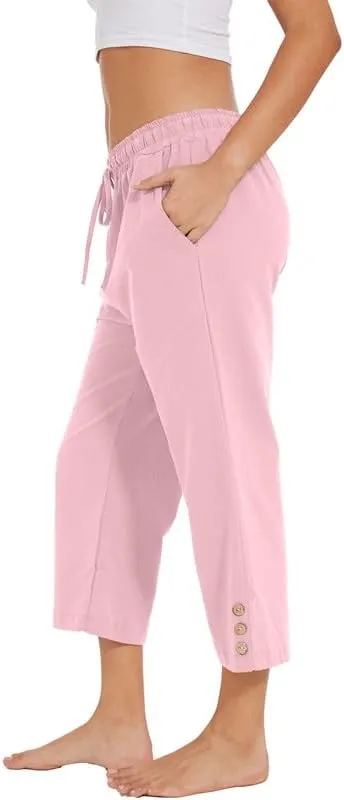 Womens Capris Pants High Waist Drawstring Comfy Casual Pants Casua Lightweight Loose Trousers Buttons Trim with Pockets