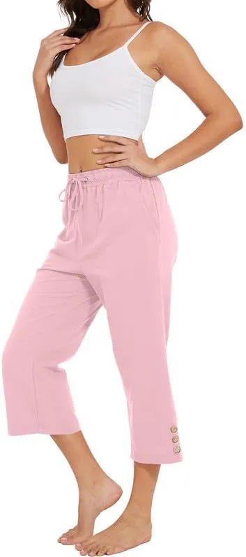 Womens Capris Pants High Waist Drawstring Comfy Casual Pants Casua Lightweight Loose Trousers Buttons Trim with Pockets
