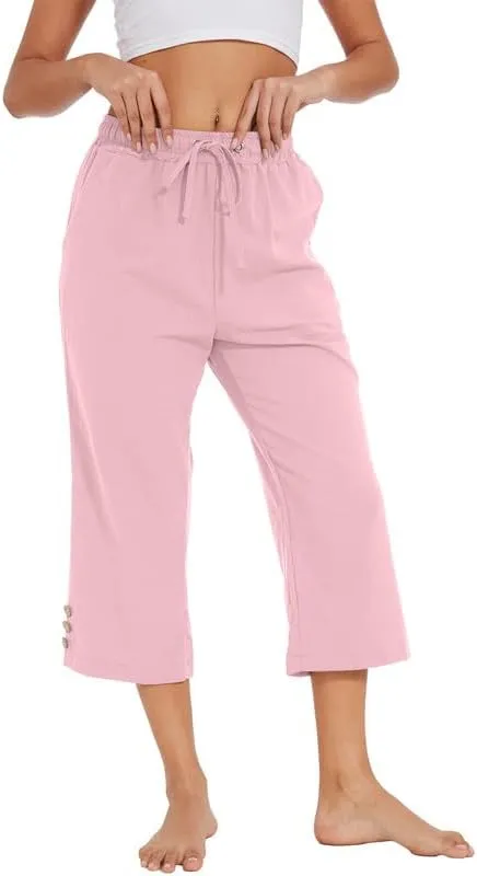 Womens Capris Pants High Waist Drawstring Comfy Casual Pants Casua Lightweight Loose Trousers Buttons Trim with Pockets