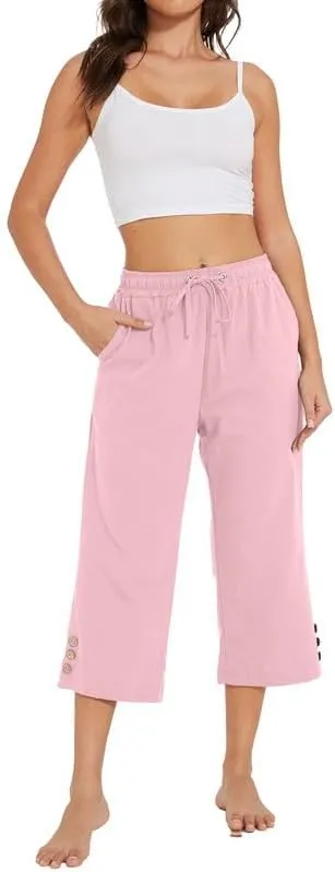 Womens Capris Pants High Waist Drawstring Comfy Casual Pants Casua Lightweight Loose Trousers Buttons Trim with Pockets