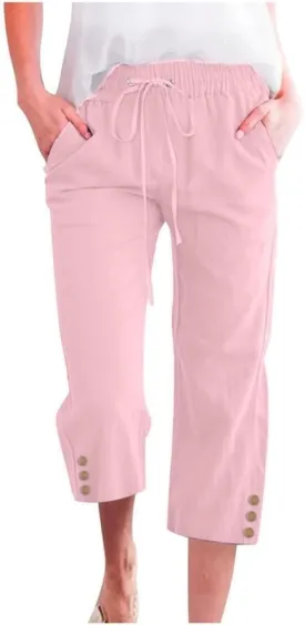 Womens Capris Pants High Waist Drawstring Comfy Casual Pants Casua Lightweight Loose Trousers Buttons Trim with Pockets