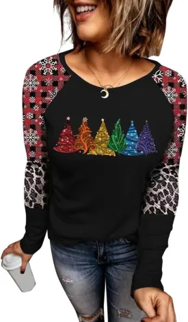 Women's Christmas Holiday T Shirts Leopard Stripe Splicing Sleeve Shirt Xmas Funny Graphic Raglan Baseball Tops