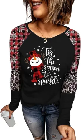Women's Christmas Holiday T Shirts Leopard Stripe Splicing Sleeve Shirt Xmas Funny Graphic Raglan Baseball Tops