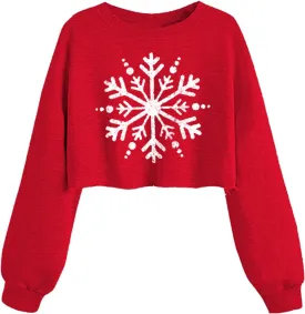 Women's Funny Christmas Graphic Crop Sweatshirts Xmas Holiday Party Casual Lantern Long Sleeve Pullover Tops