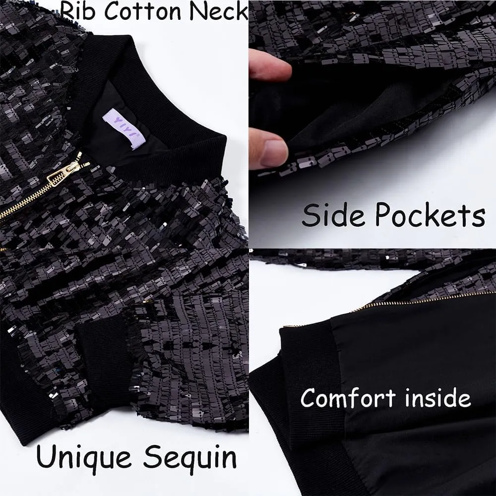 YIYI Girls Jackets Sequin Bomber Glitter Sparkly Varsity Kids Shiny Trendy Birthday Party Clothes Halloween Christmas