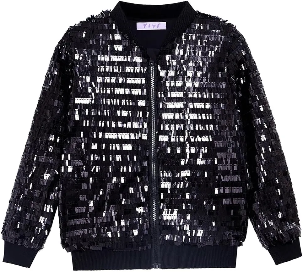 YIYI Girls Jackets Sequin Bomber Glitter Sparkly Varsity Kids Shiny Trendy Birthday Party Clothes Halloween Christmas