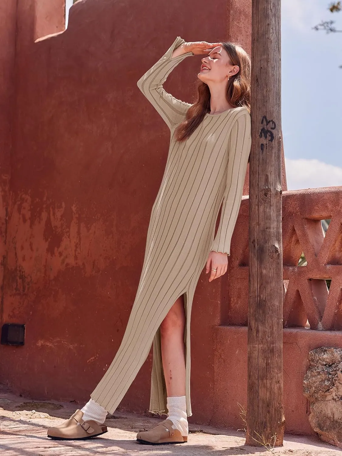 Yousify Womens 2025 Trendy Spring Long Sleeve Sweater Dresses Casual Round Neck Split Hem Striped Midi Dress