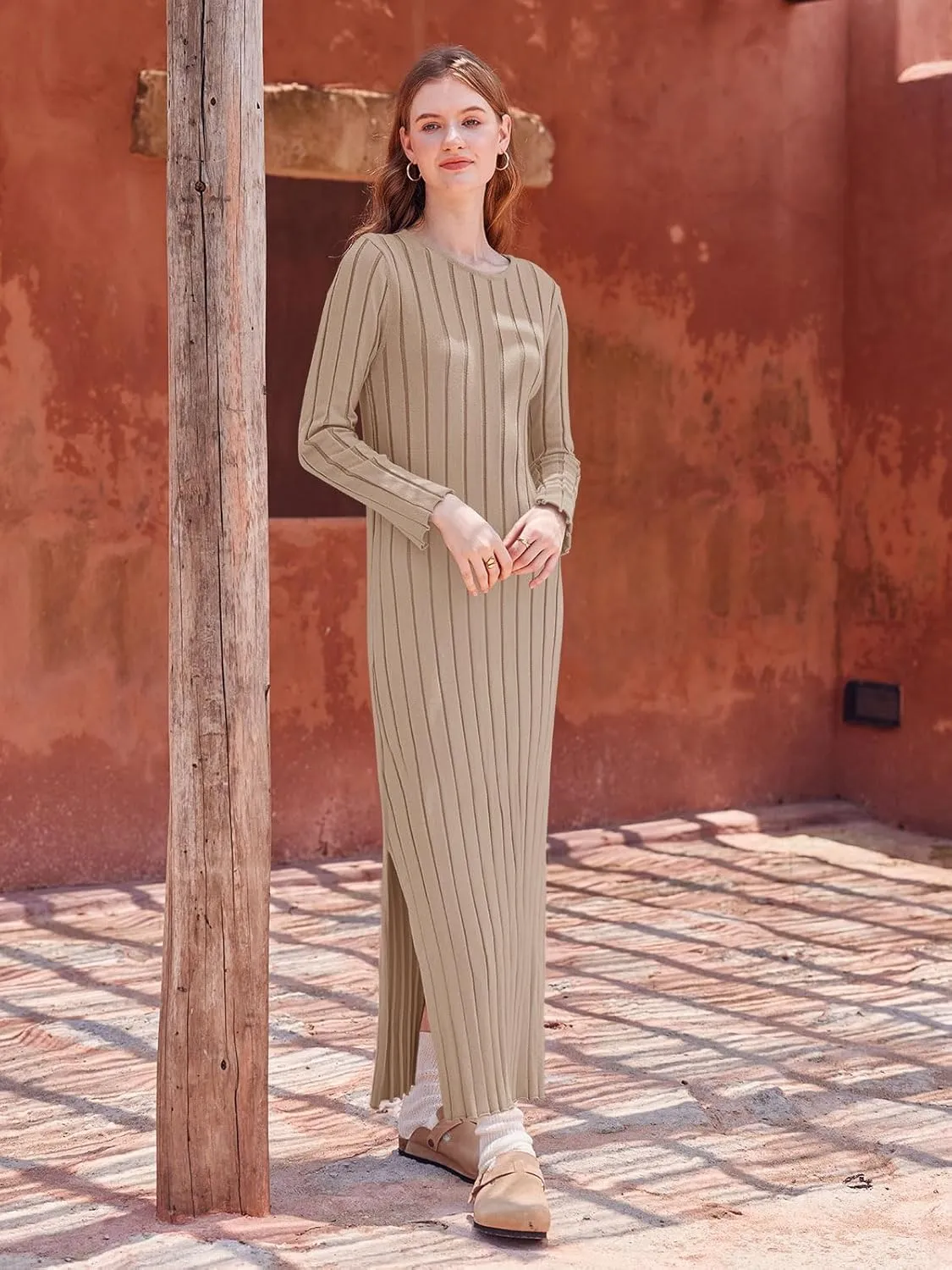 Yousify Womens 2025 Trendy Spring Long Sleeve Sweater Dresses Casual Round Neck Split Hem Striped Midi Dress