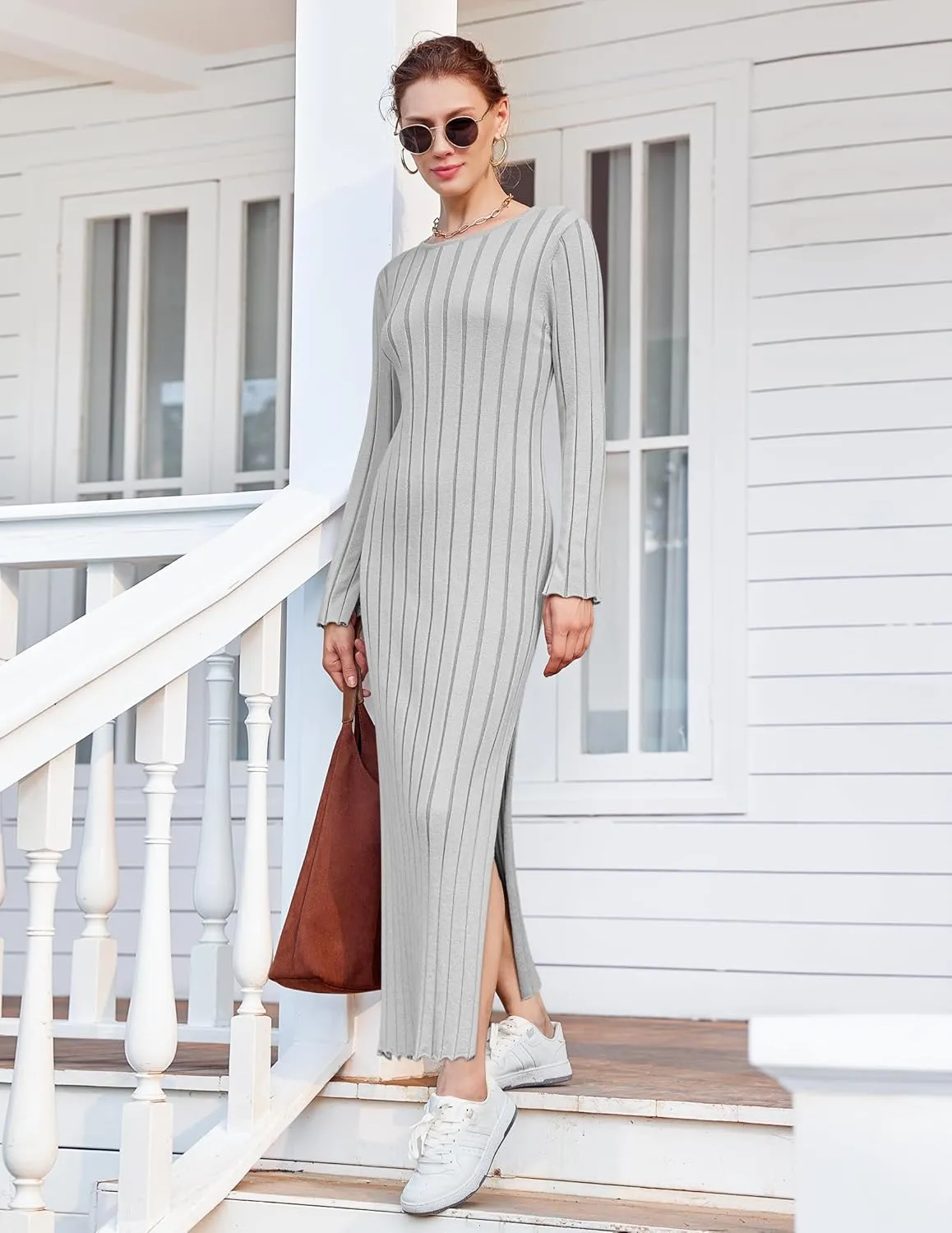 Yousify Womens 2025 Trendy Spring Long Sleeve Sweater Dresses Casual Round Neck Split Hem Striped Midi Dress