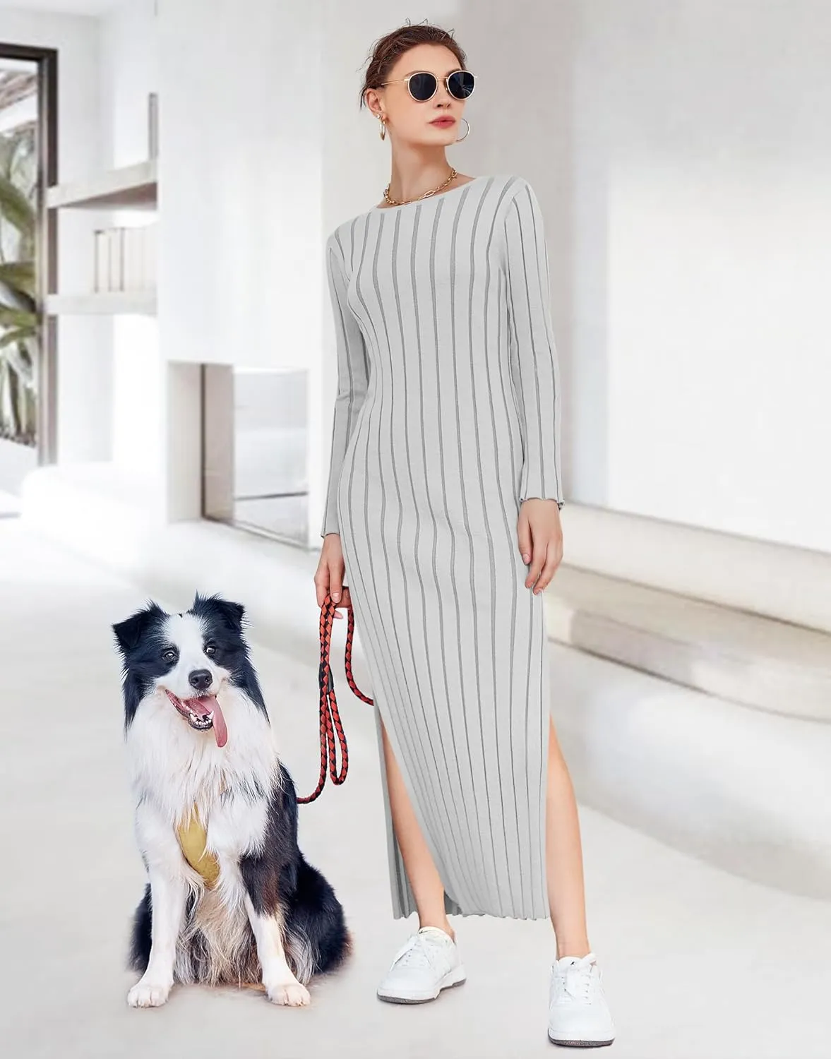 Yousify Womens 2025 Trendy Spring Long Sleeve Sweater Dresses Casual Round Neck Split Hem Striped Midi Dress