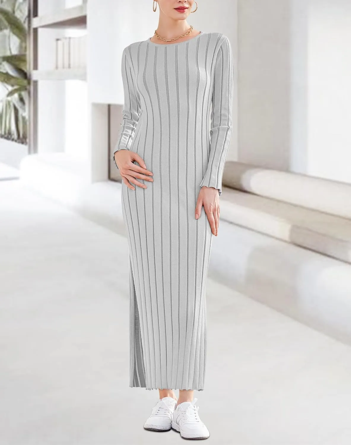 Yousify Womens 2025 Trendy Spring Long Sleeve Sweater Dresses Casual Round Neck Split Hem Striped Midi Dress