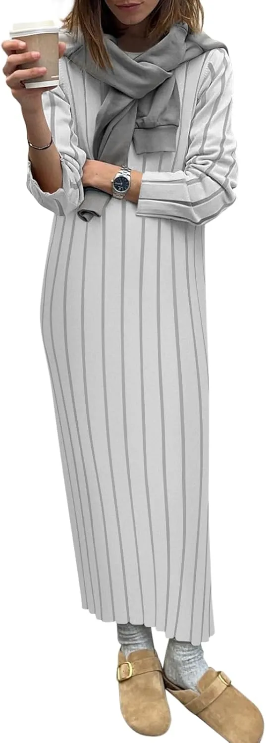 Yousify Womens 2025 Trendy Spring Long Sleeve Sweater Dresses Casual Round Neck Split Hem Striped Midi Dress