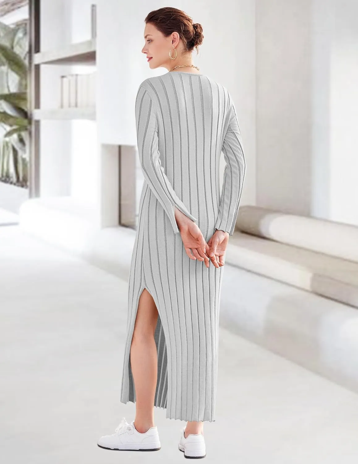 Yousify Womens 2025 Trendy Spring Long Sleeve Sweater Dresses Casual Round Neck Split Hem Striped Midi Dress