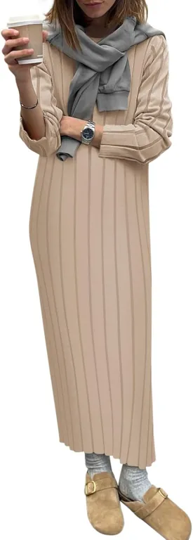 Yousify Womens 2025 Trendy Spring Long Sleeve Sweater Dresses Casual Round Neck Split Hem Striped Midi Dress
