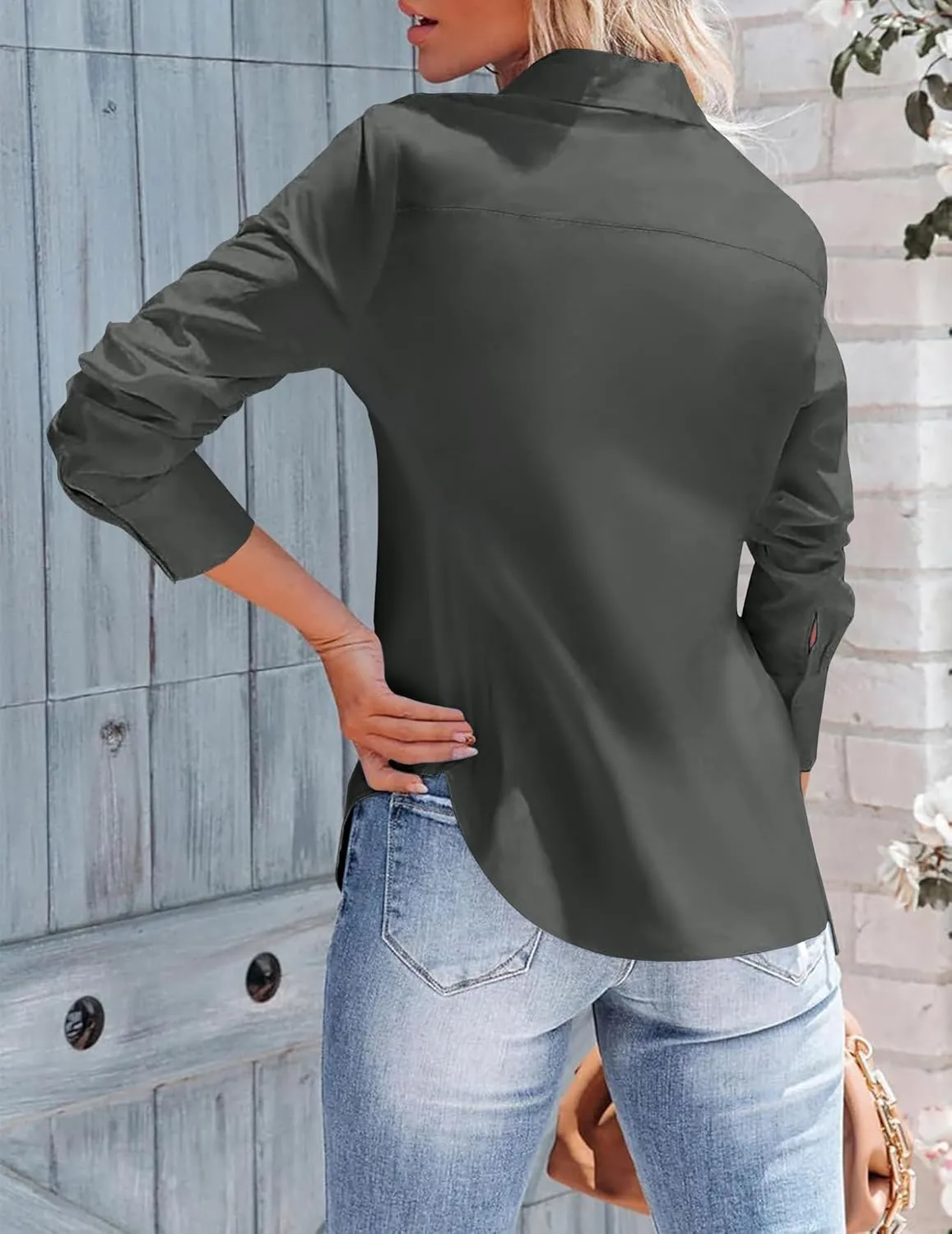 Zeagoo Womens Button Down Shirts Long Sleeve V Neck Tops Wrinkle Free Collared Work Office Solid Blouses Corset Tops