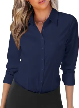 Zeagoo Womens Button Down Shirts Long Sleeve V Neck Tops Wrinkle Free Collared Work Office Solid Blouses Corset Tops